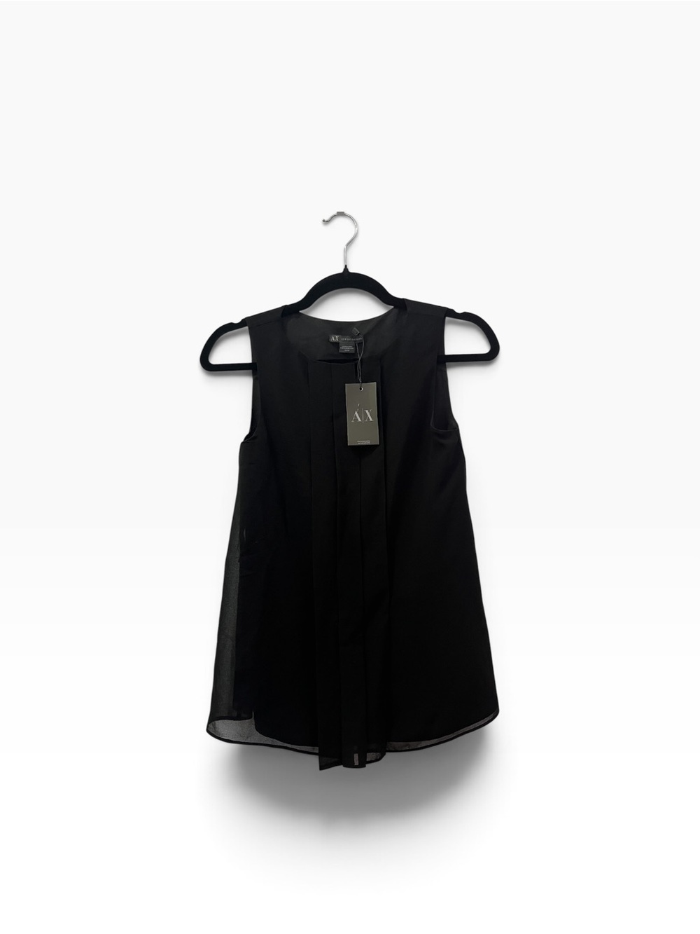 NWT Armani Exchange 100% Silk Black Sleeveless Pleated Hidden Snap Blouse XS
